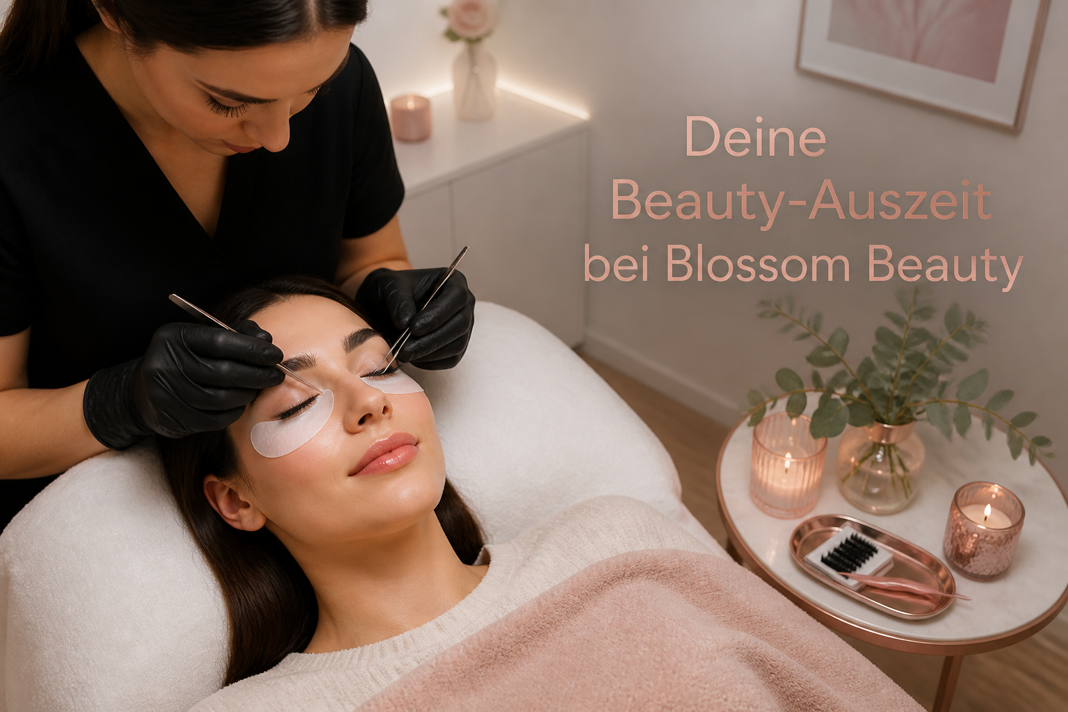 Detailed () overhead shot of a client relaxing on a treatment bed in a modern minimalist beauty studio, lash artist wearing