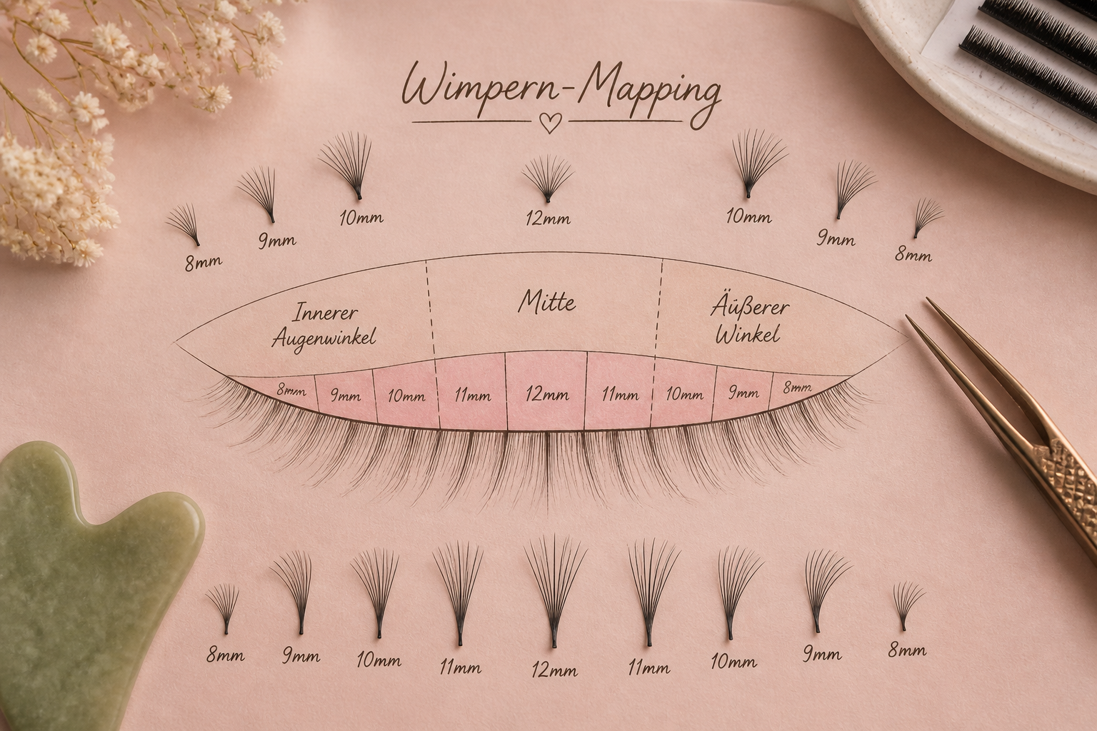 Detailed () showing a flat-lay lash mapping diagram on rose-tinted paper, with hand-drawn zones labeled 'Innerer