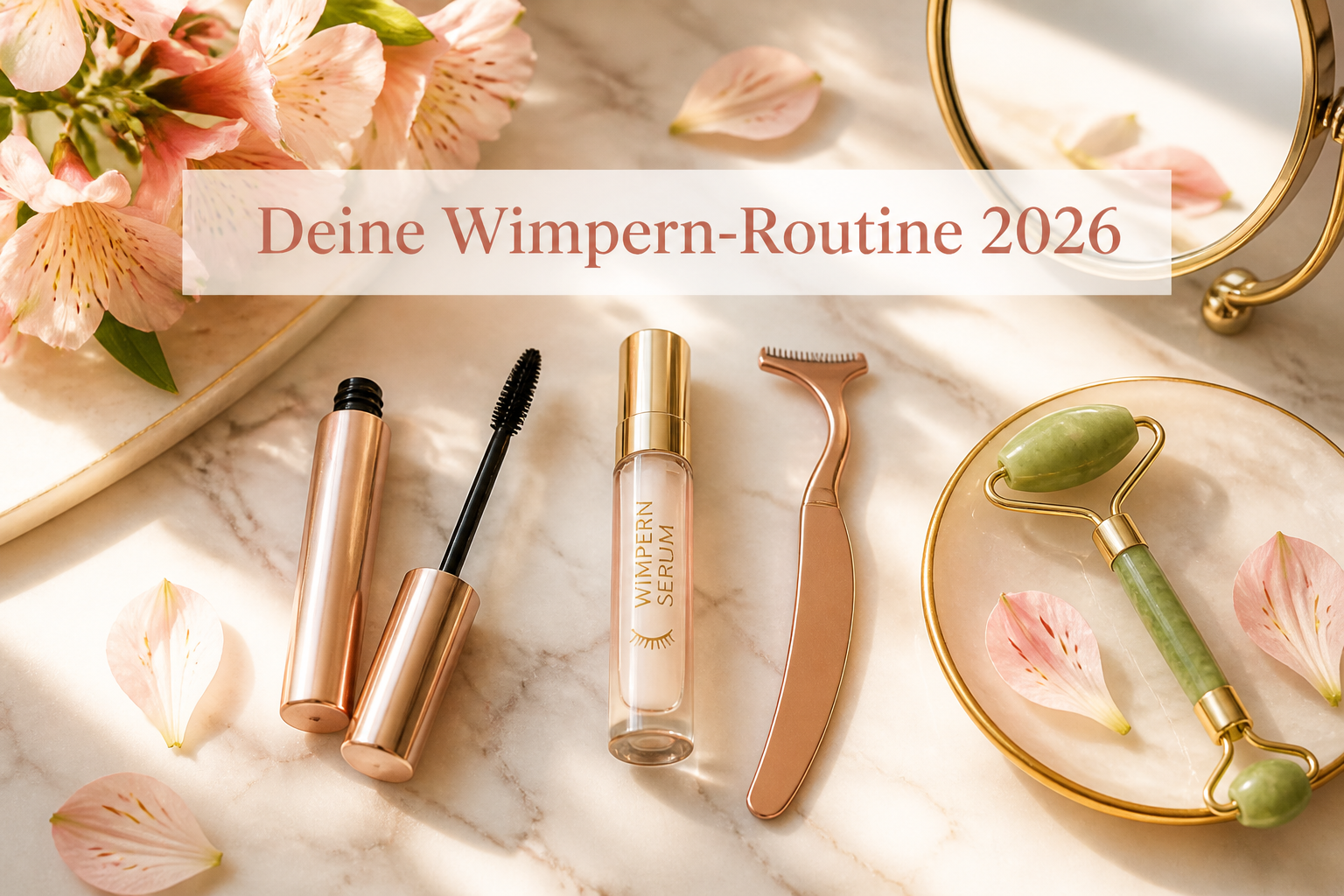 Querformat () Flatlay-Komposition auf marmoriertem Untergrund: Mascara-Tube, Wimpernserum-Flakon, ein Lash-Lifting-Werkzeug