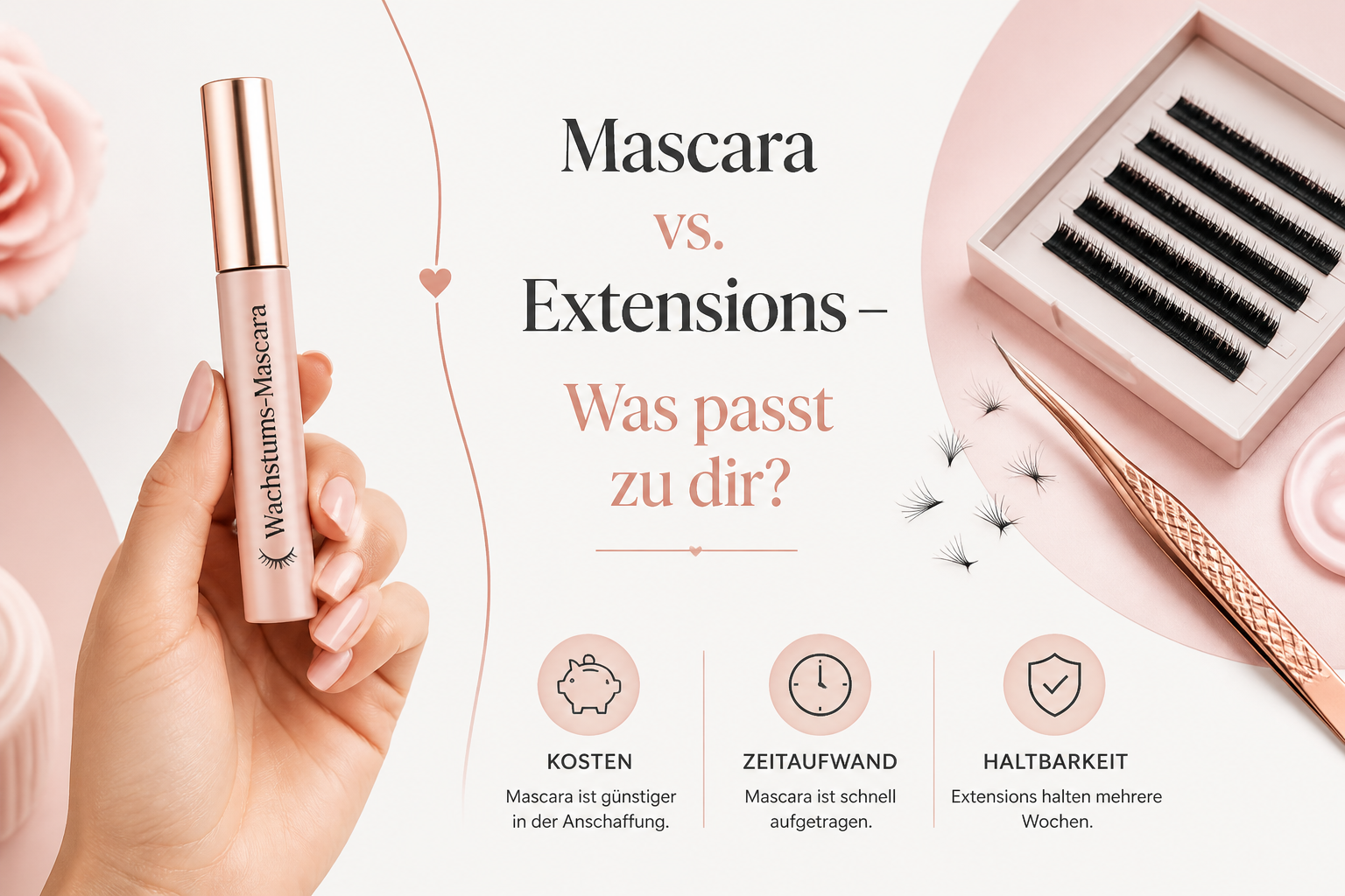 Querformat () Infografik-Stil Vergleichsbild: Links eine Hand hält eine Mascara-Tube mit Label 'Wachstums-Mascara', rechts