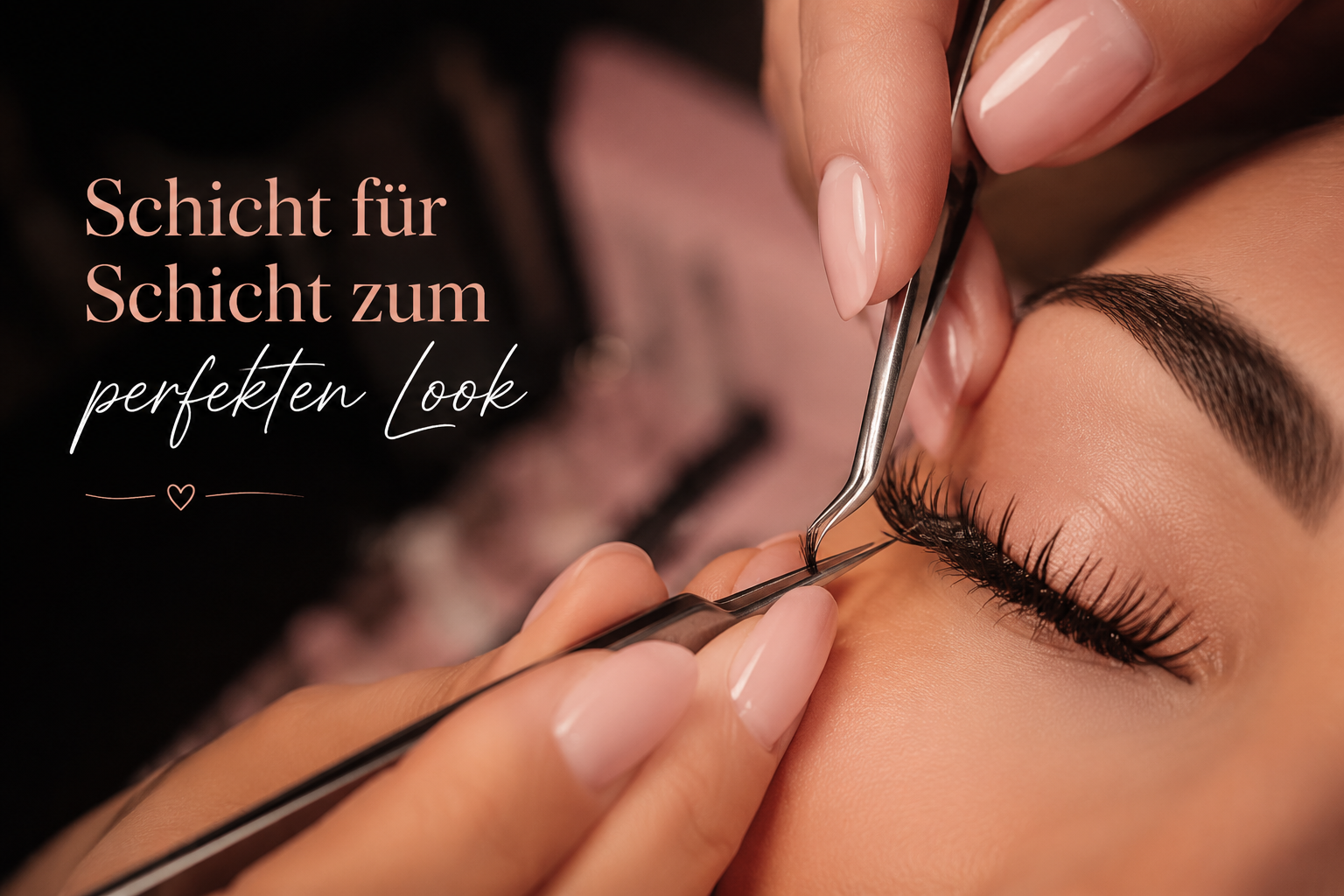 () editorial beauty image showing a professional lash artist's hands applying individual fiber extensions to a client's