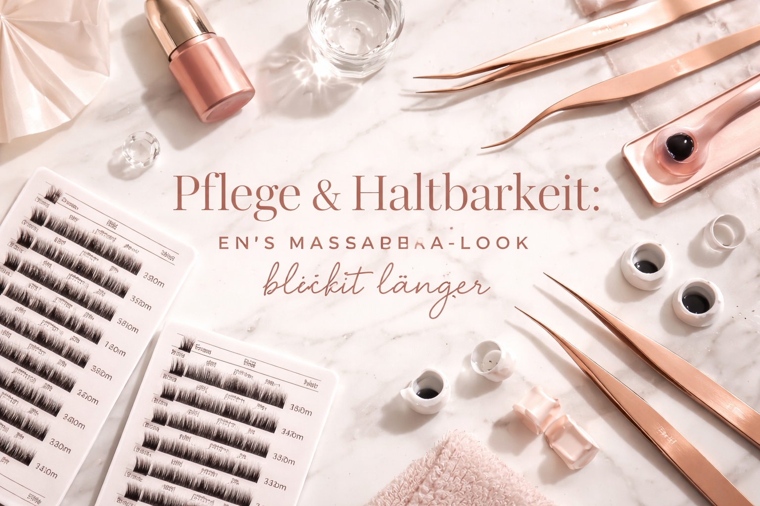 () flat-lay beauty editorial showing professional lash extension tools – precision tweezers, fiber lash fans, adhesive
