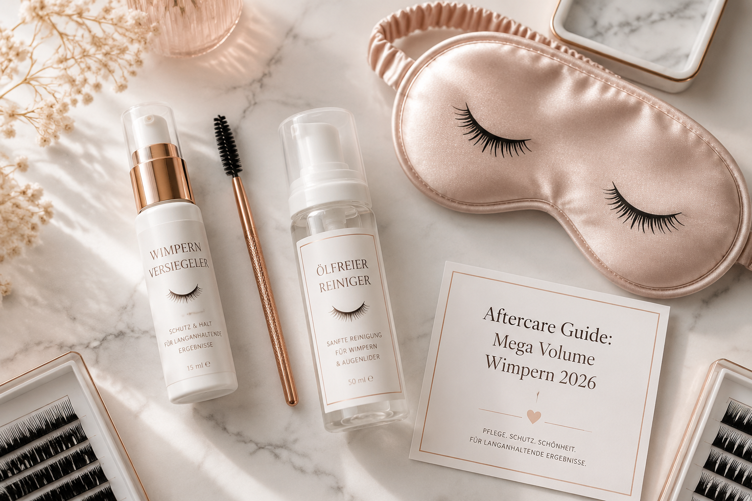() flat-lay editorial image showing professional lash extension aftercare products arranged artfully on a white marble