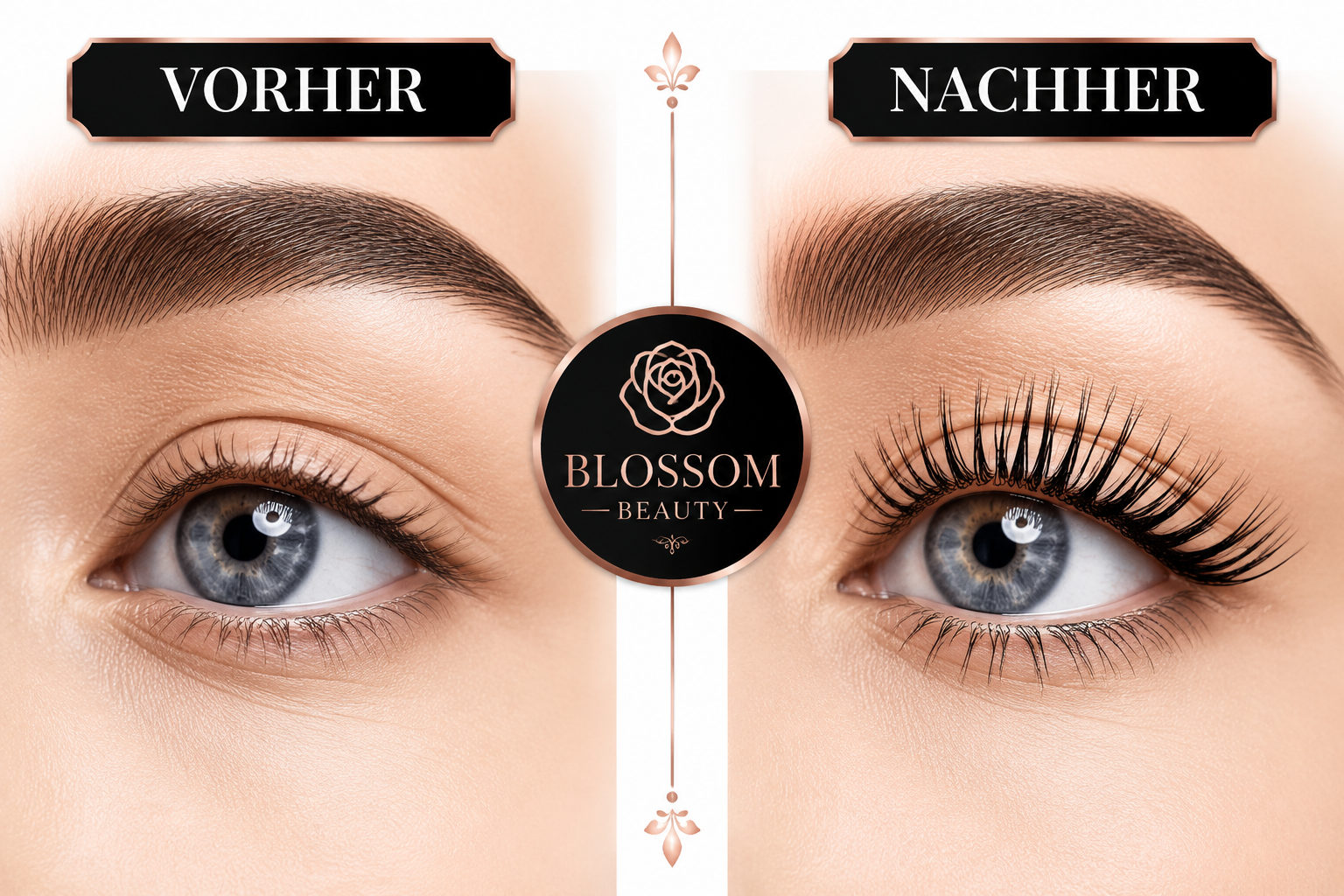 () split-composition infographic-style image showing side-by-side comparison: left side shows natural sparse lashes labeled