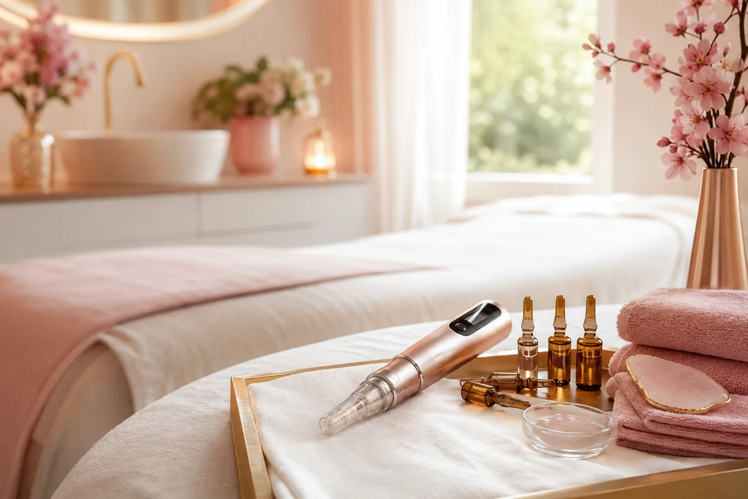 Bright editorial beauty hero image, landscape : a serene modern treatment room in soft morning daylight, warm blush-pink and