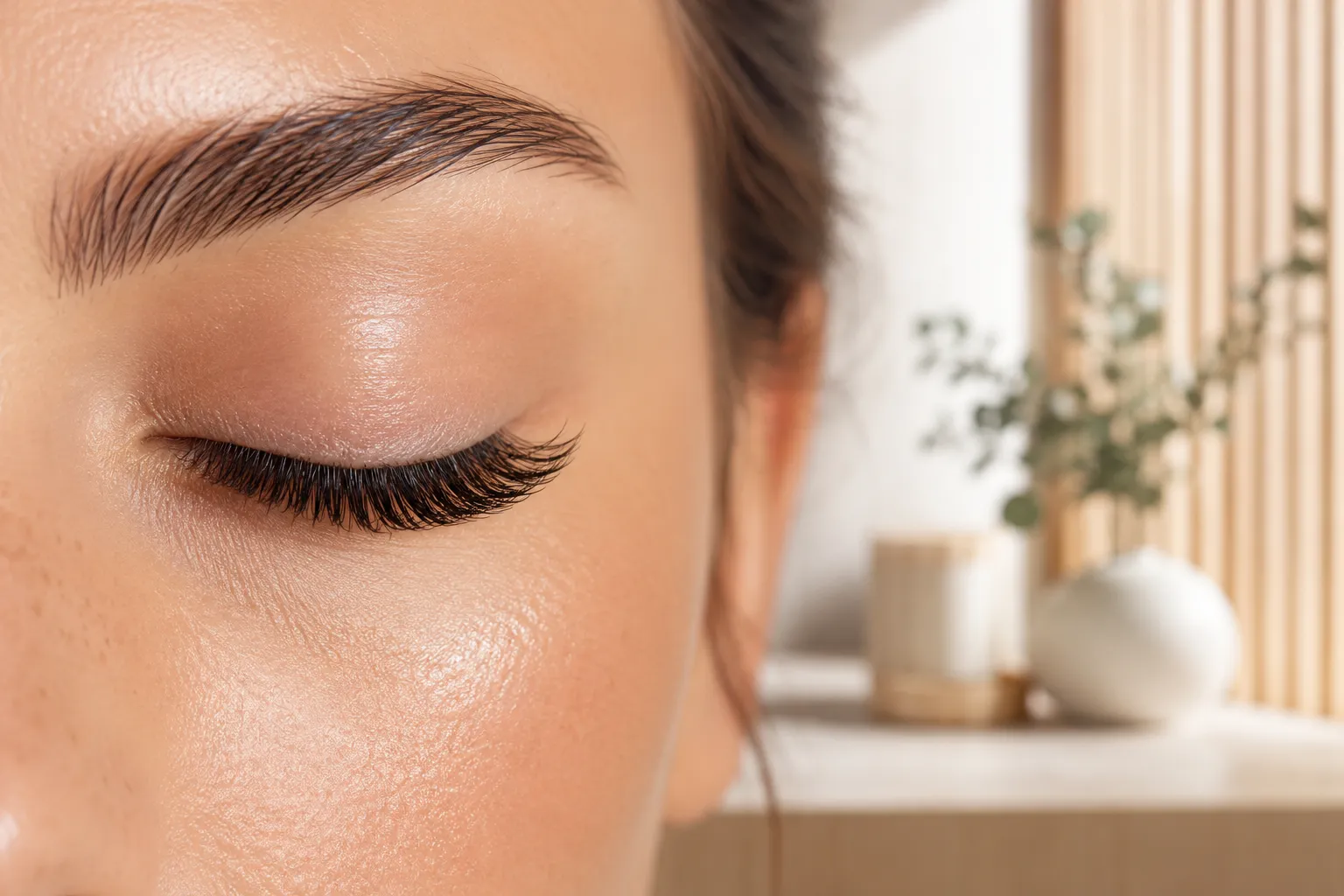 Bright editorial beauty hero, landscape : extreme close-up macro of a woman's closed eye with freshly applied classic 1:1