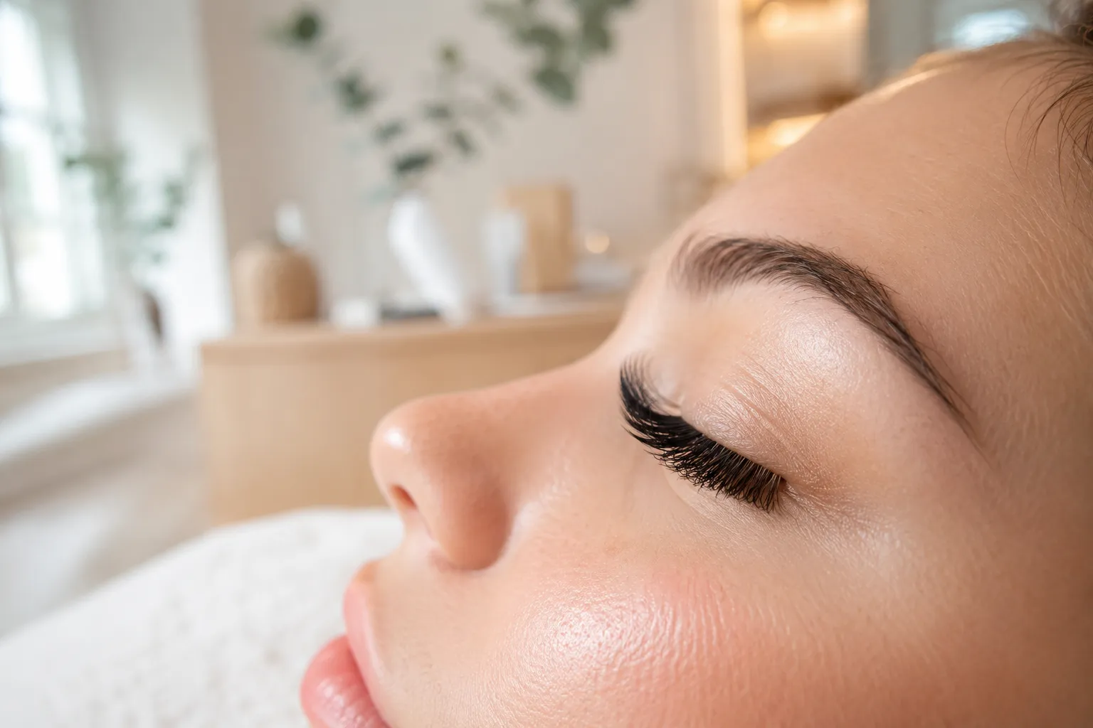 Bright editorial beauty photograph in (): extreme close-up profile of a woman's closed eye with freshly applied volume lash