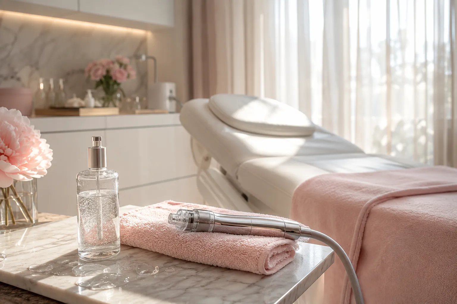 Bright editorial beauty photograph, landscape : a serene modern treatment room in a small Austrian cosmetic studio, soft