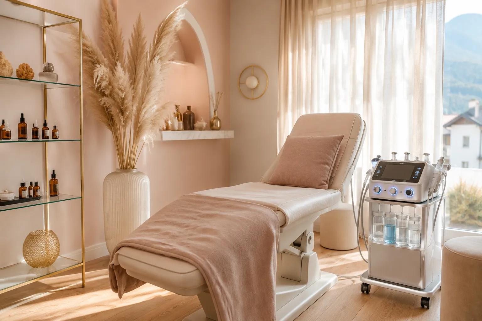 Bright editorial landscape photograph () of a serene modern beauty studio treatment room in a small Austrian town: a cream