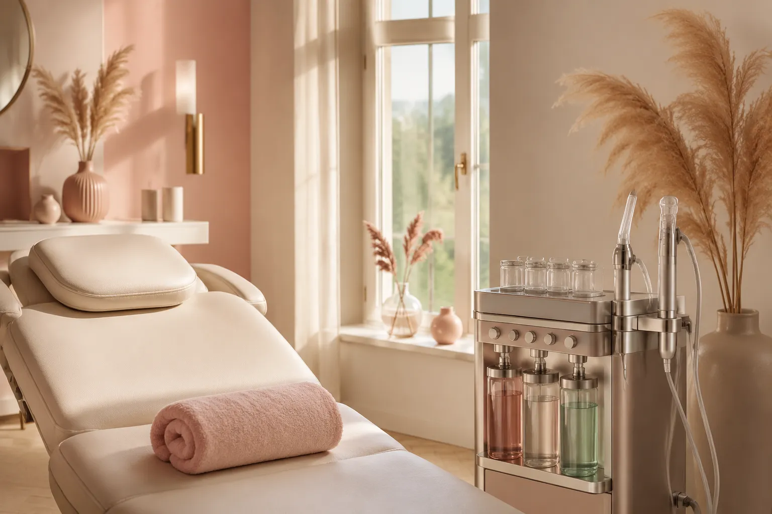 Bright editorial landscape photograph () of a serene modern beauty studio treatment room in Lower Austria: a soft cream