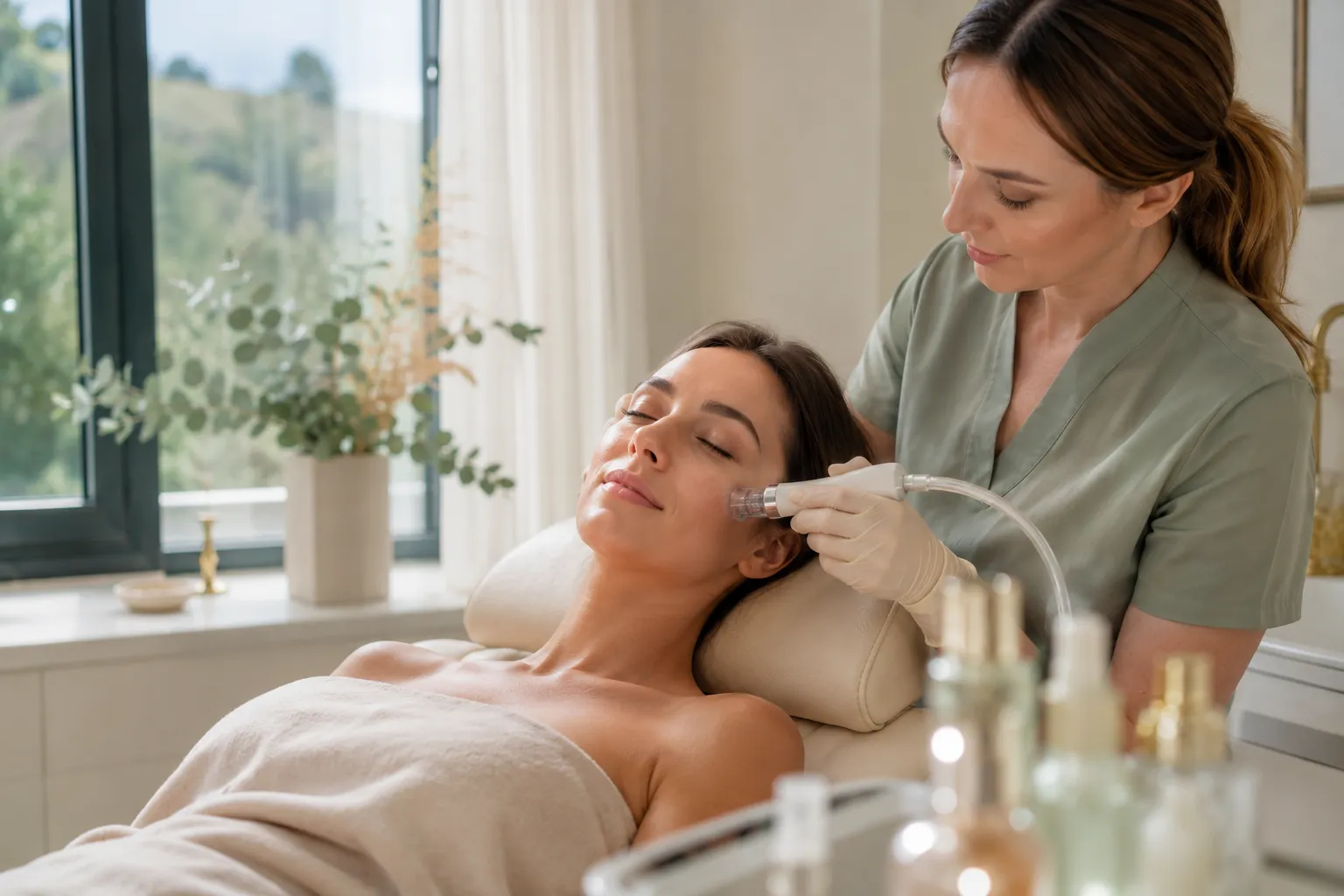 Bright editorial landscape photograph () of a serene modern cosmetic treatment room in Lower Austria: a woman in her early