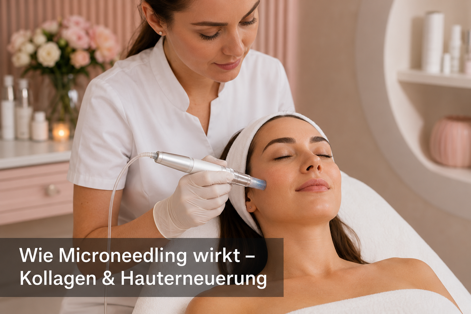 () editorial beauty image showing a professional microneedling treatment in a clean, blush and white color palette. German
