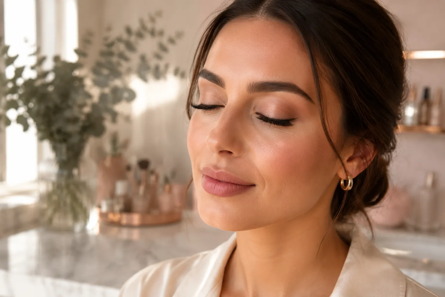 () editorial beauty photograph: close-up of a woman's serene face with eyes gently closed, showing beautifully lifted