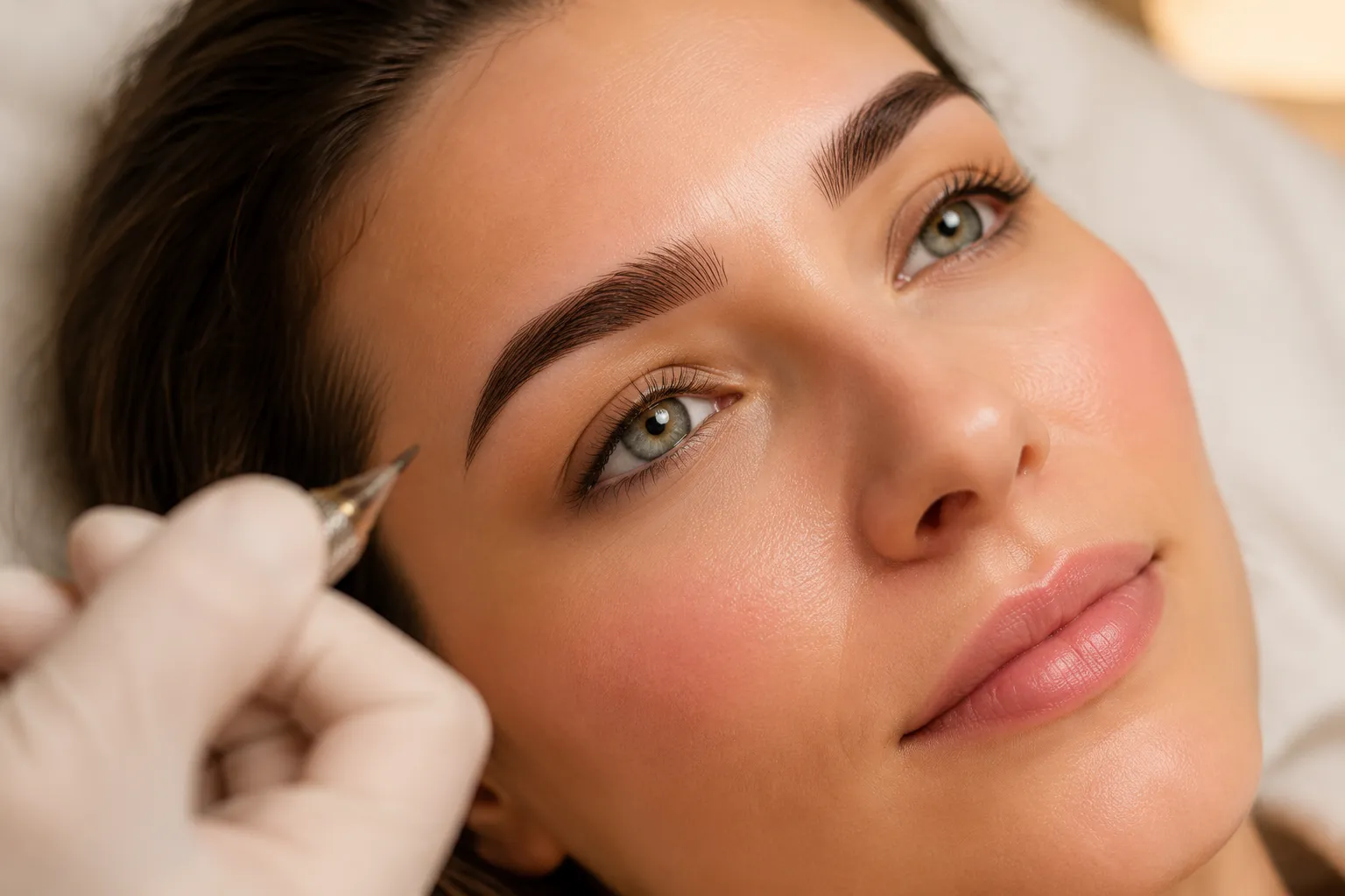 Editorial () close-up beauty photograph of a woman's face in soft natural daylight, focus on perfectly shaped, freshly