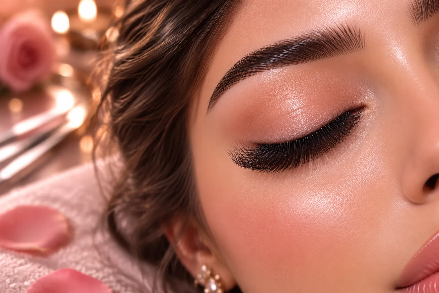 Editorial () close-up beauty photograph of a young woman's closed eye showing perfectly fanned 2D volume lash extensions,