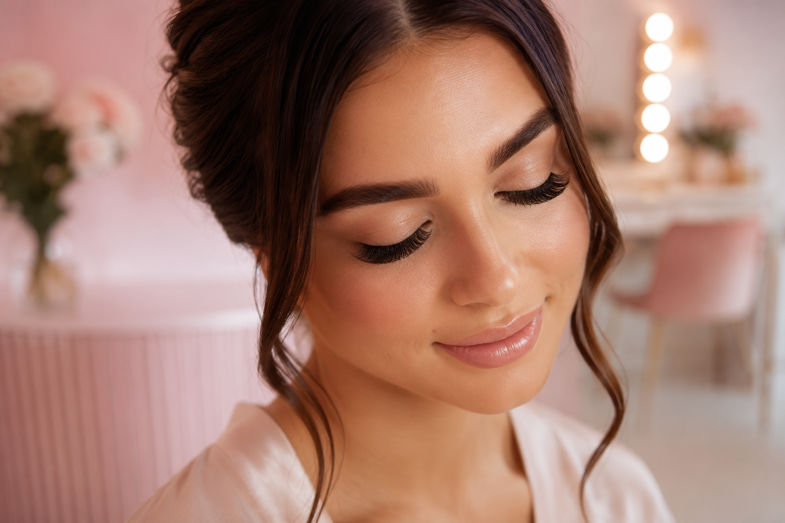 Editorial () close-up beauty portrait of a young woman with long, dark, natural-looking eyelash extensions, eyes gently