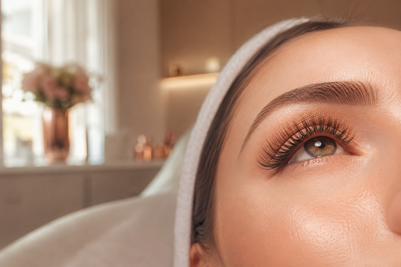 Editorial () close-up beauty shot of a woman's serene eye with luxurious, natural-looking Wimpernverlängerung extensions,