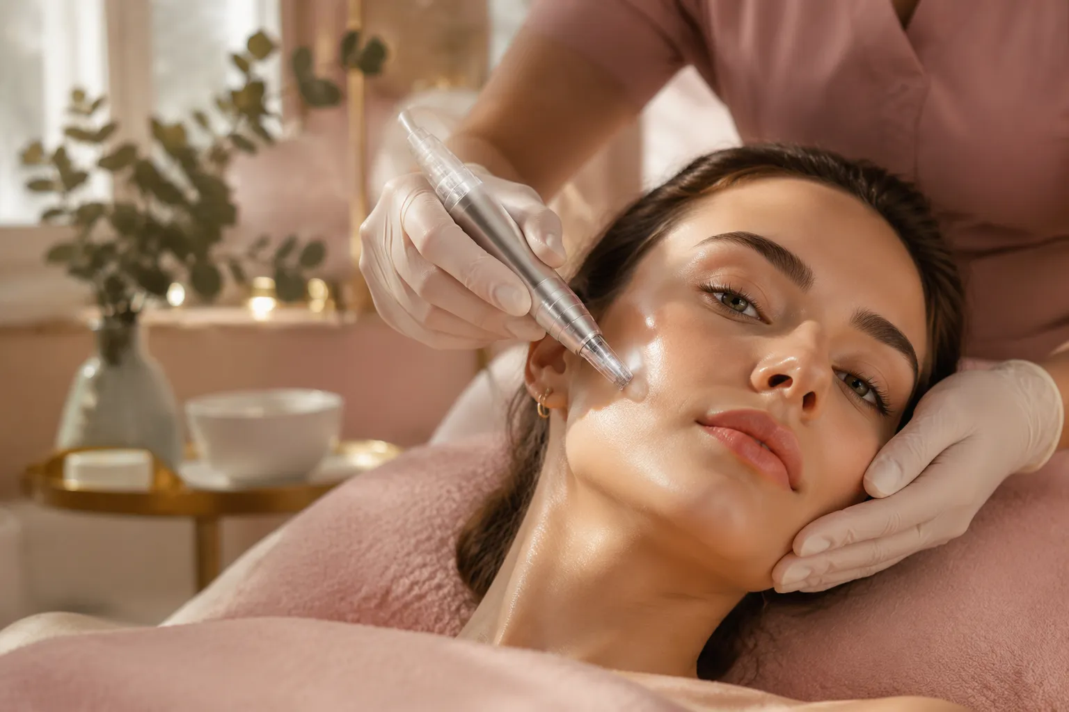 Editorial () close-up beauty shot of a young woman with luminous, glass-like skin lying on a soft blush-pink treatment bed