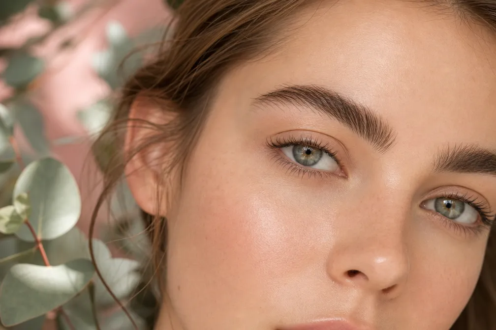 Editorial close-up landscape () of a young woman's face in soft natural daylight, focus on beautifully groomed natural
