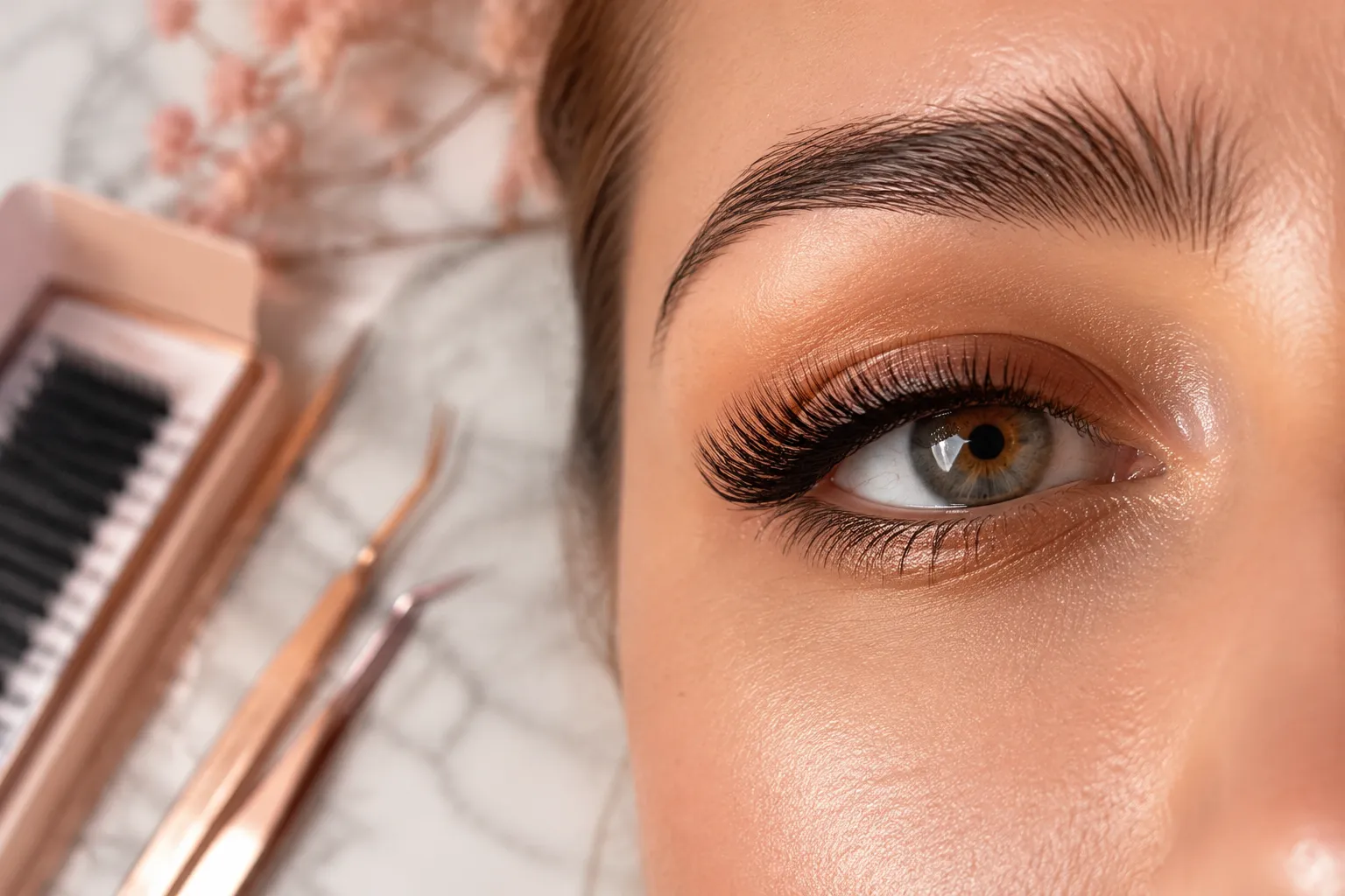 Editorial () close-up macro photograph of a woman's eye with luxurious professional lash extensions in a soft cat-eye style,