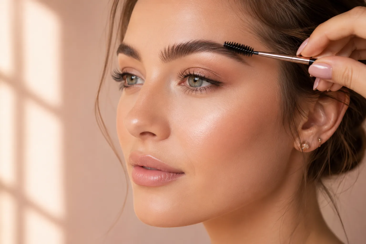 () editorial close-up of a woman's face in three-quarter profile, focused on perfectly groomed, softly arched eyebrows.