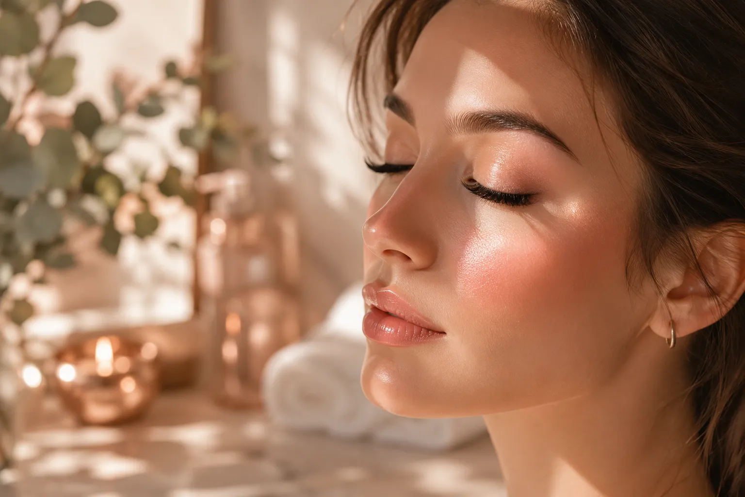 Editorial () hero image: elegant close-up of a woman's serene face in soft profile, eyes gently closed, showing beautifully