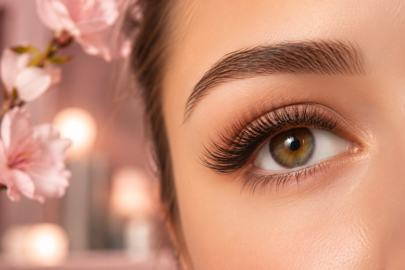 Editorial () hero image of an elegant close-up macro shot of a woman's eye with perfectly applied classic lash extensions,