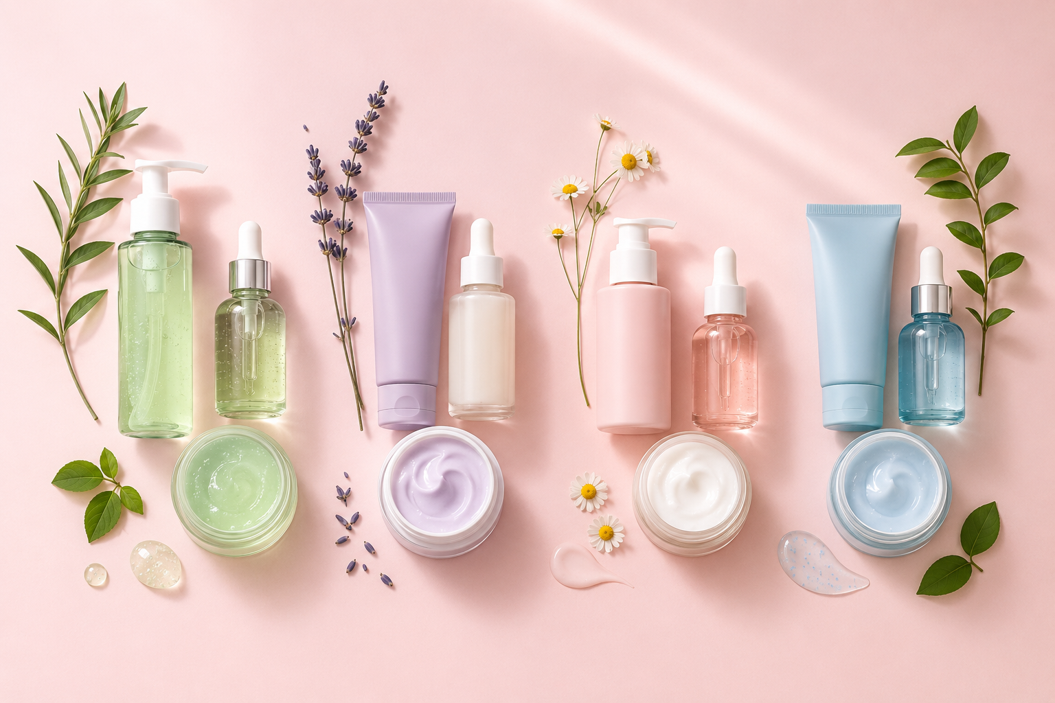 () editorial image showing a diverse skincare routine layout: four distinct skincare product groups arranged in a clean row