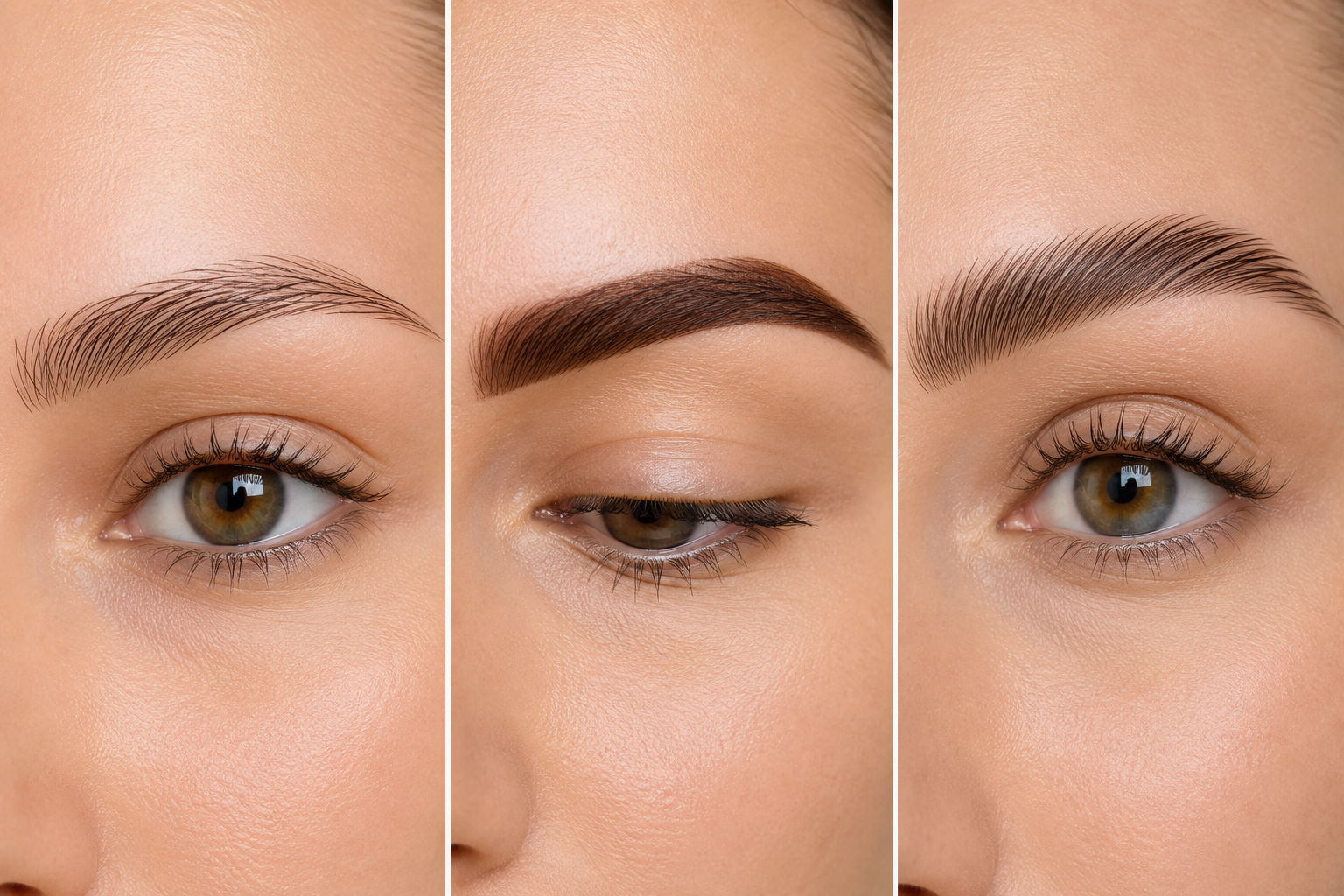 () editorial image showing a split comparison of three different eyebrow styling techniques side by side: microblading with
