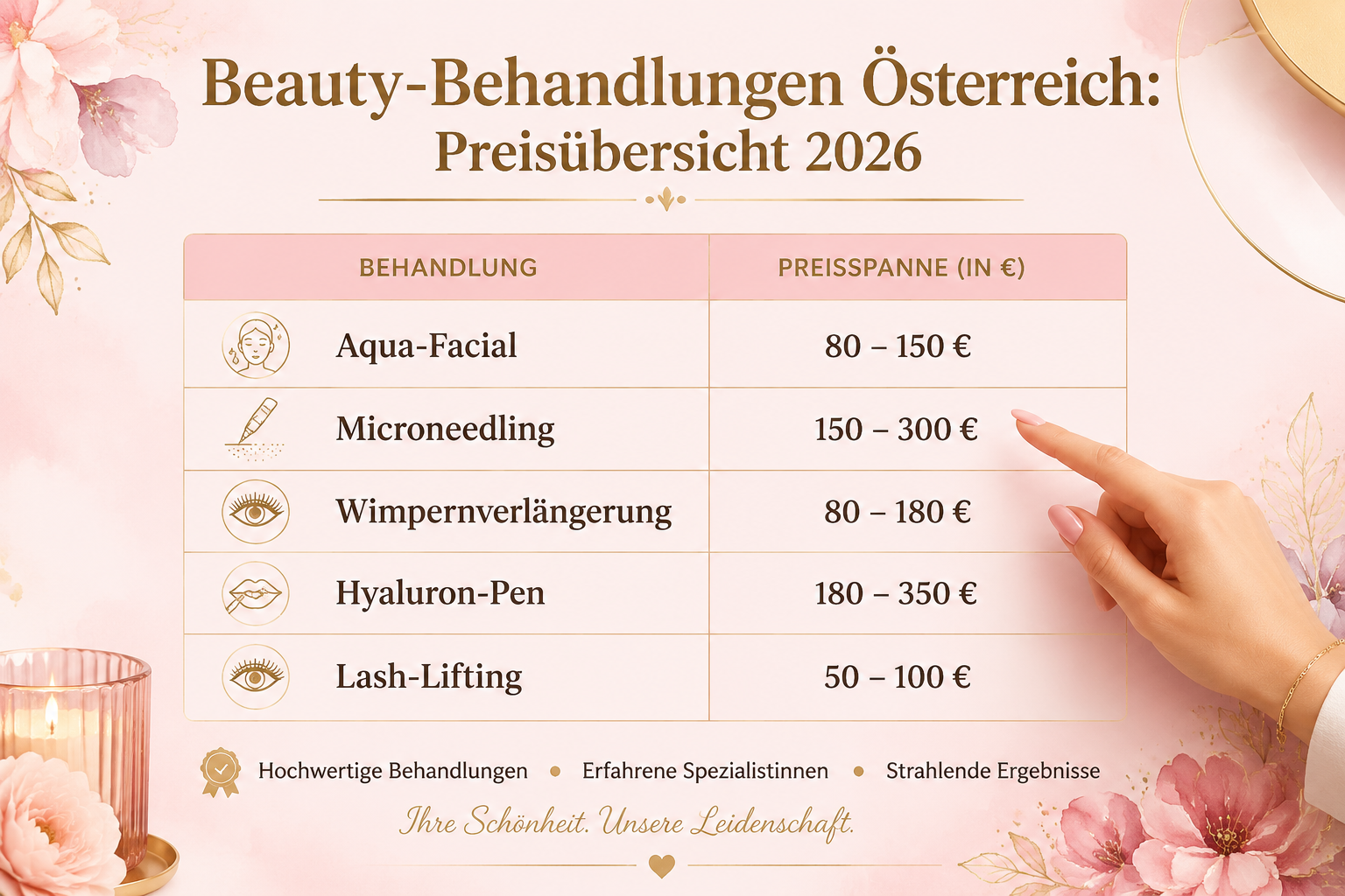 () editorial infographic showing a clean comparison table titled 'Beauty-Behandlungen Österreich: Preisübersicht 2026' with