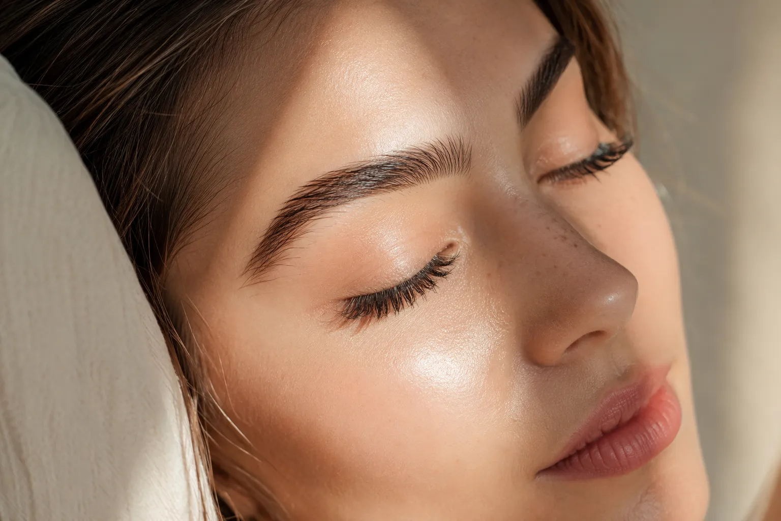 Editorial landscape beauty photograph () of a young woman's serene face in soft natural window light, eyes gently closed,
