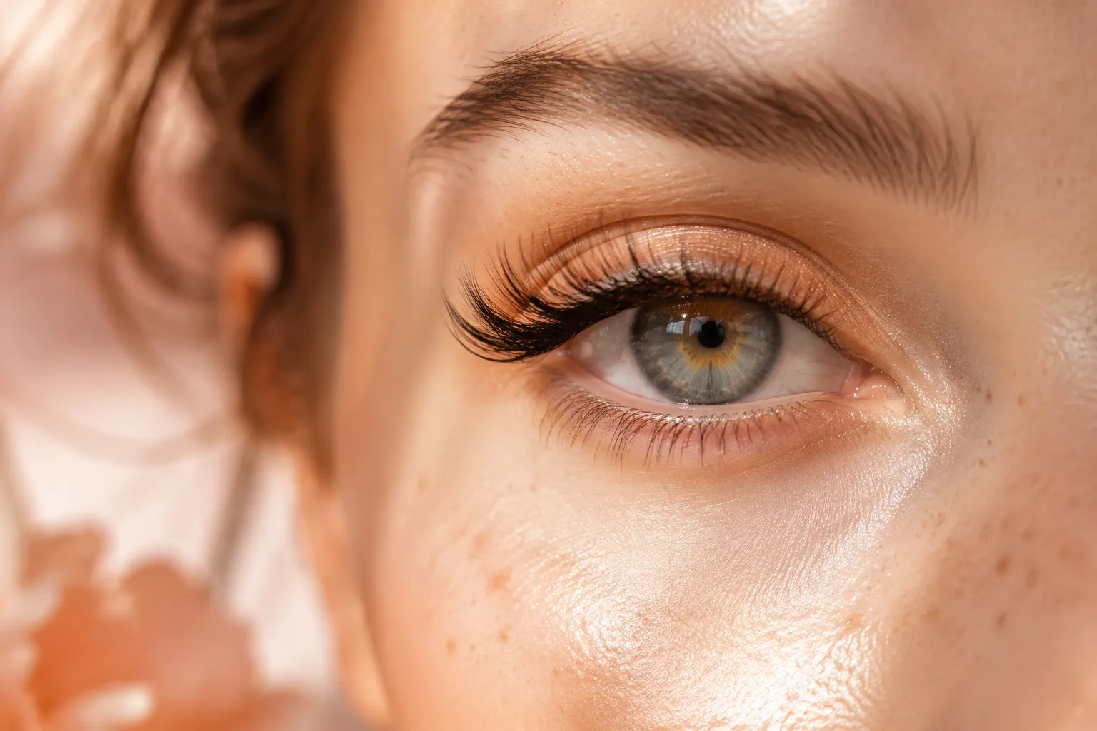 Editorial landscape close-up () of a woman's eye with beautifully applied lash extensions, soft rose-gold and champagne