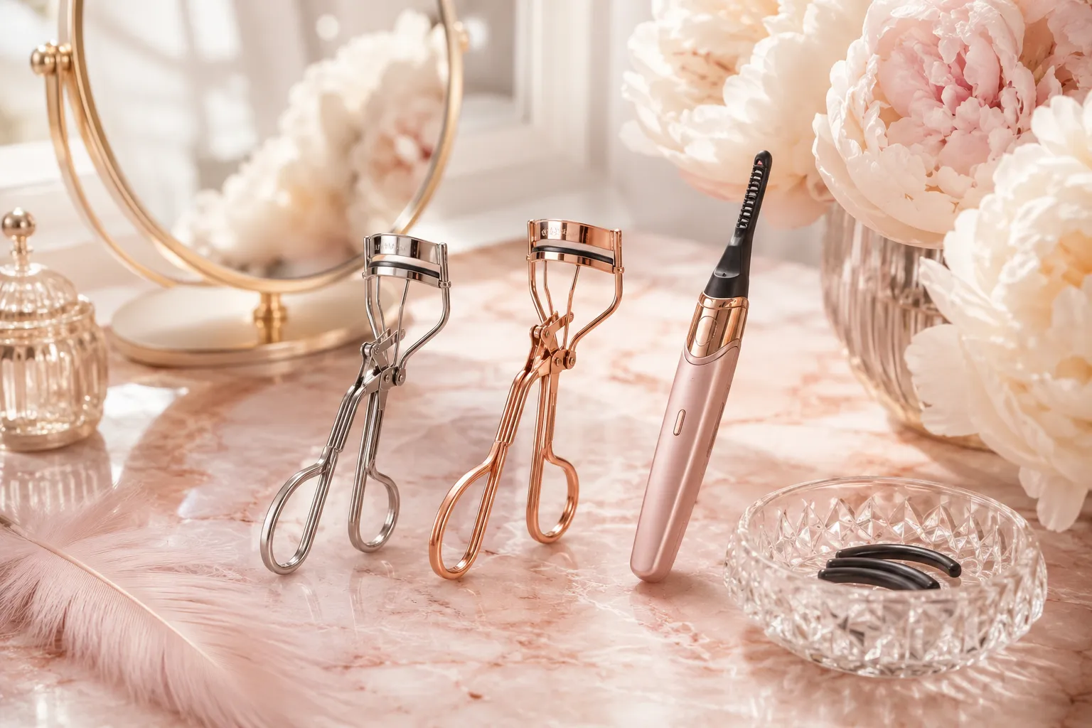 Editorial landscape hero image () of a luxurious vanity setup with three elegant eyelash curlers arranged on a soft blush