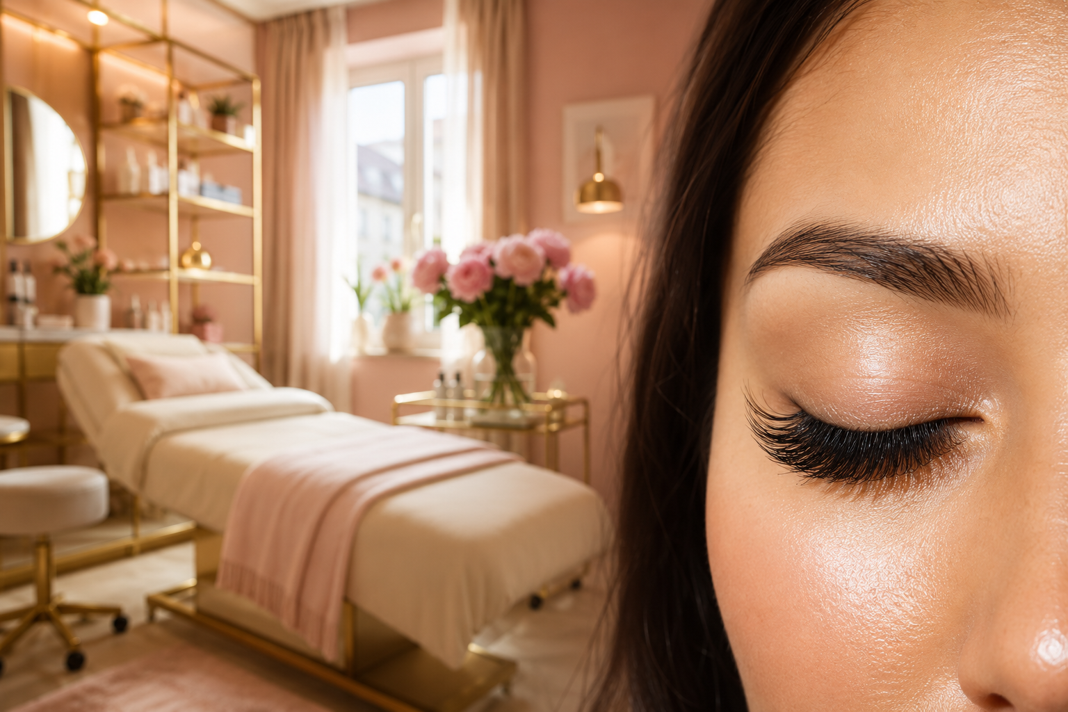 Editorial landscape hero image () of a serene, long dark lashes casting delicate shadows, dewy glowing skin. Background: