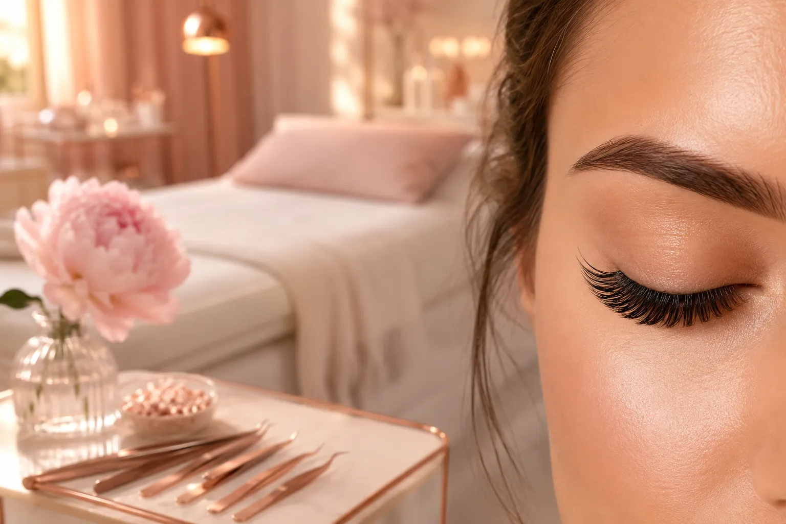 Editorial landscape hero image () of a serene, luxurious beauty studio interior in soft rose and champagne tones. A close-up