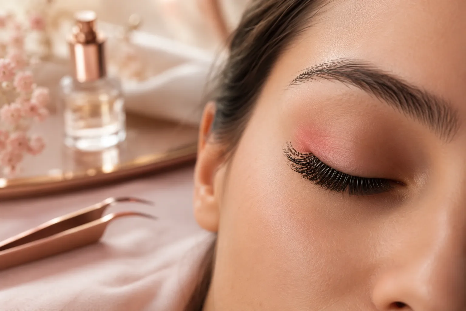 Editorial landscape hero image () of a serene, softly lit beauty studio scene: a close-up macro shot of a woman's closed eye