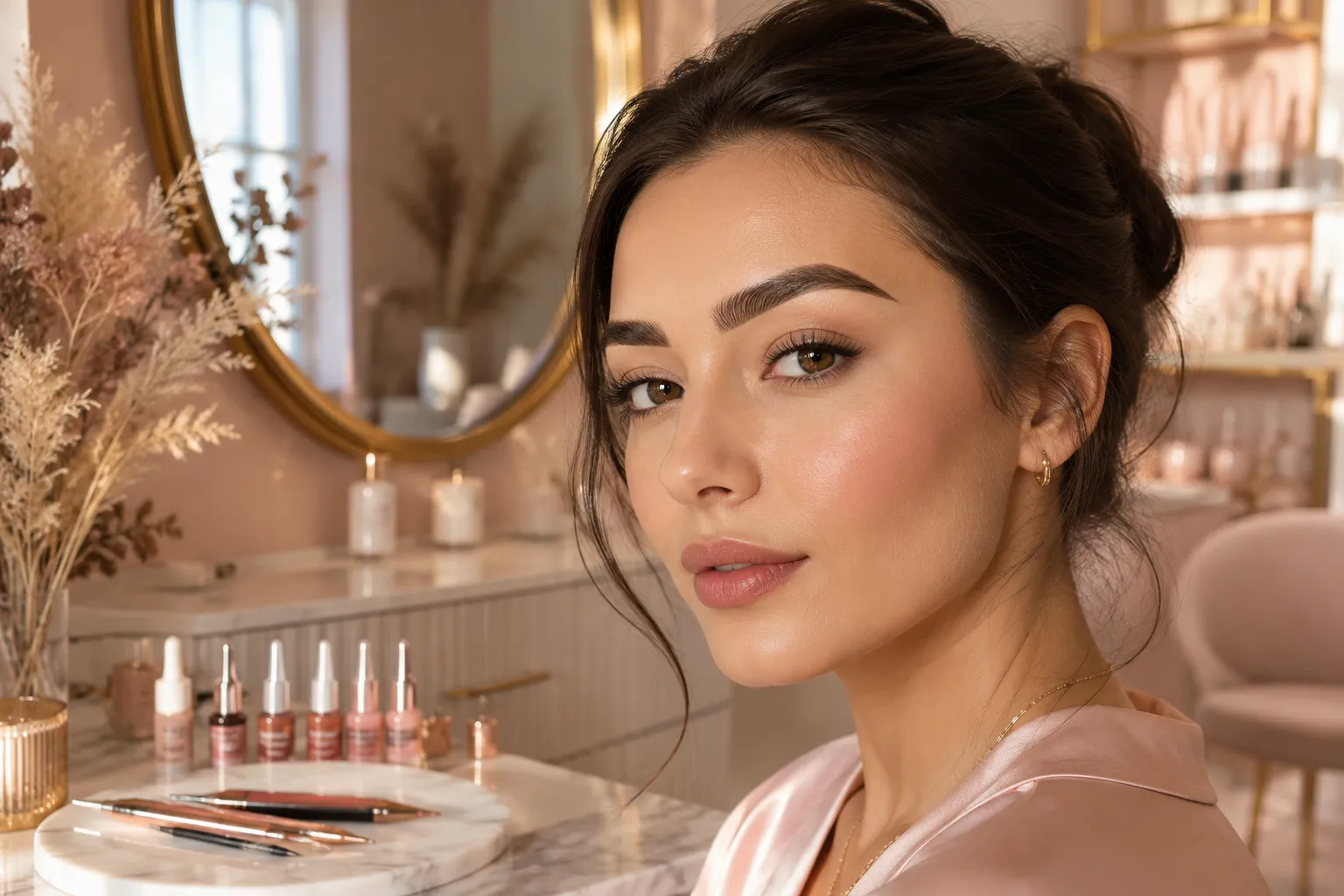 Editorial landscape hero image () of an elegant modern beauty studio in soft blush and champagne tones. Close-up focus on a