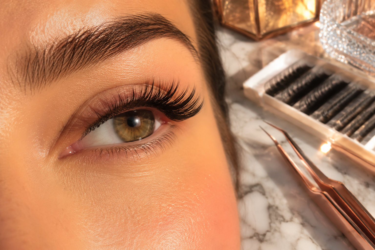 Editorial landscape macro close-up of a woman's eye after professional Wimpernverlängerung treatment in a Sooß beauty
