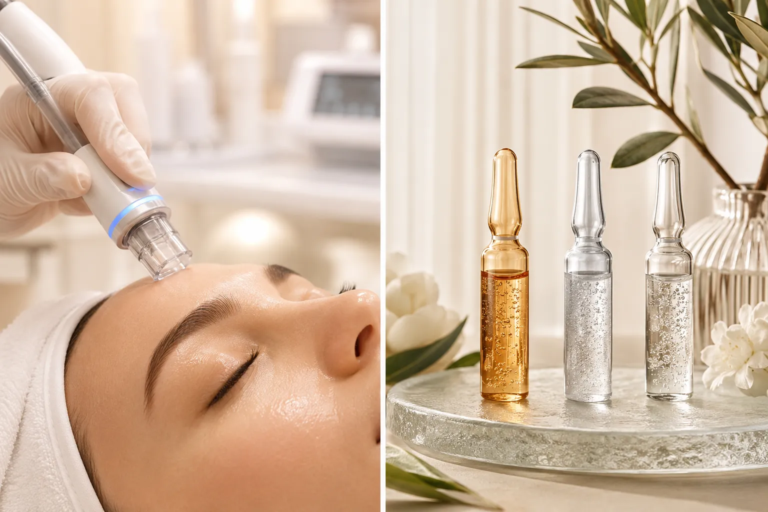 Editorial landscape () split-screen illustration: left side shows a close-up of a professional HydraFacial machine tip