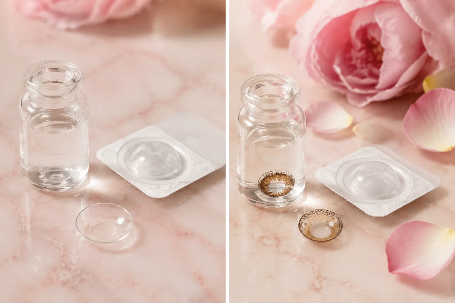 Editorial landscape split-screen visual comparison of beauty-enhancing colored contact lenses on a soft pink marble surface: