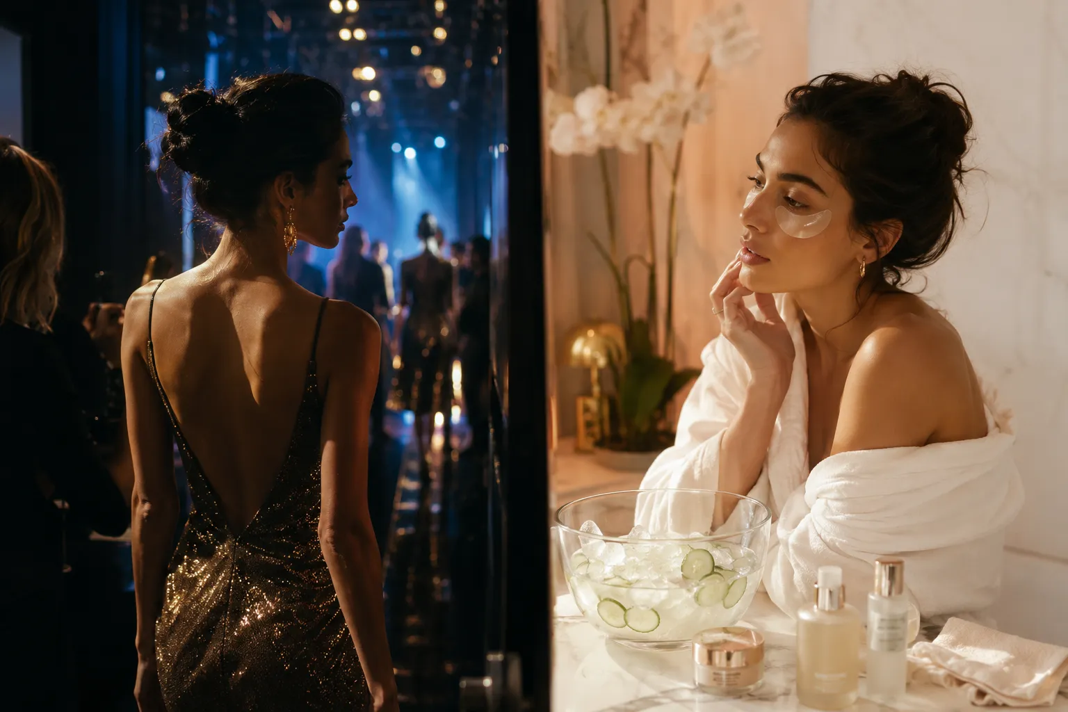 Editorial (): Split-screen cinematic composition. Left side — a glamorous runway backstage scene with dramatic lighting,