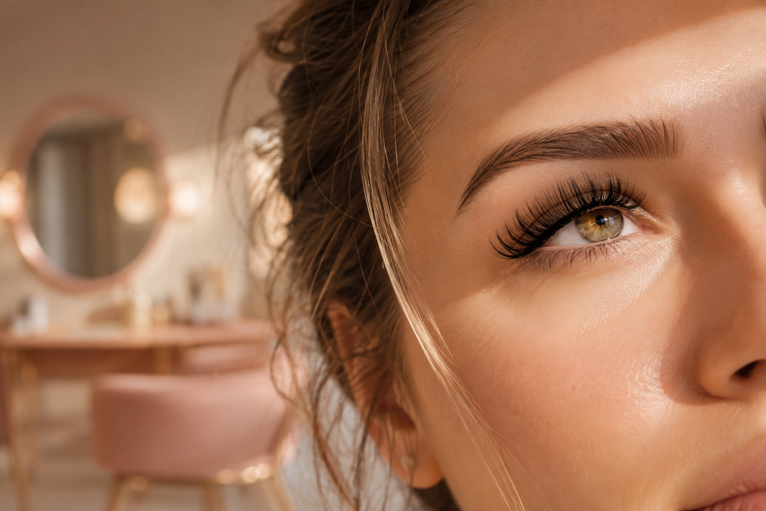 Professional () editorial beauty hero image showing a serene close-up of a woman's eye with luxurious, natural-looking