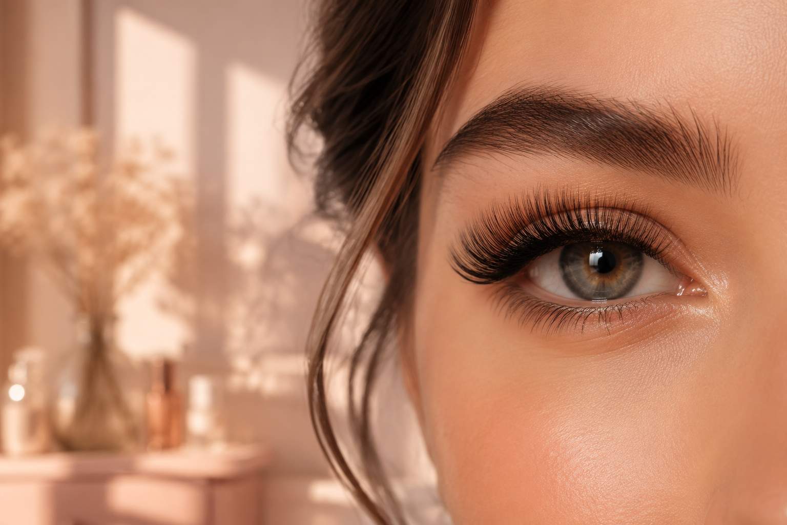 Professional () editorial beauty photograph showing an elegant close-up of a woman's eye with luxurious, feathery volume