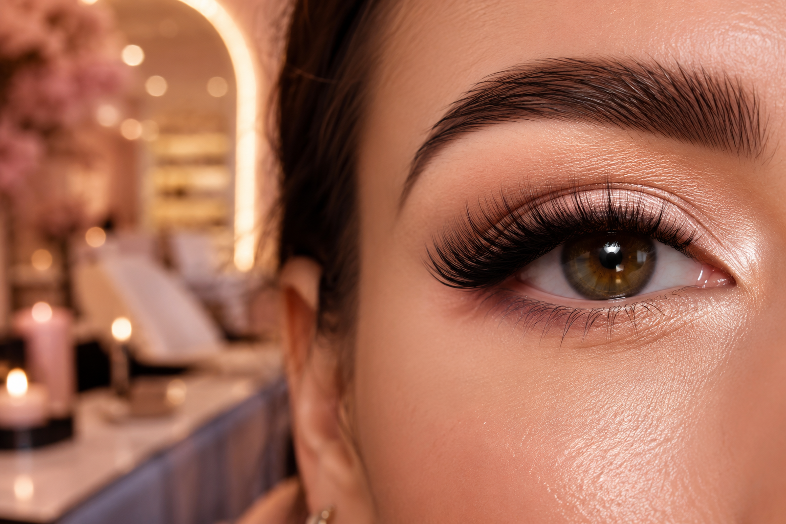 Professional () editorial beauty photography: extreme close-up of a woman's eye with perfectly applied classic 1:1 eyelash