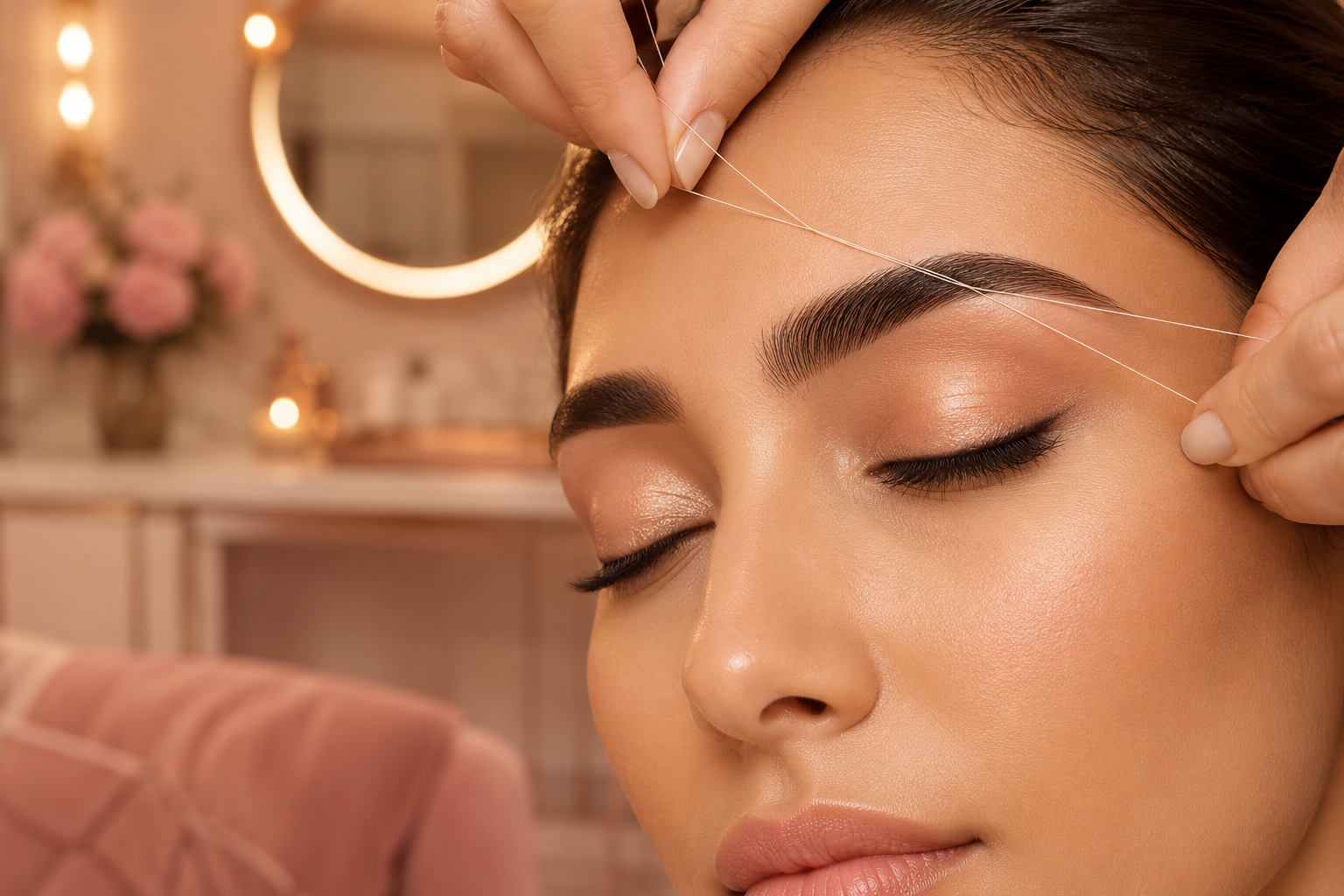Professional () editorial hero image for a beauty studio article about eyebrow thread lifting. Close-up of a woman's