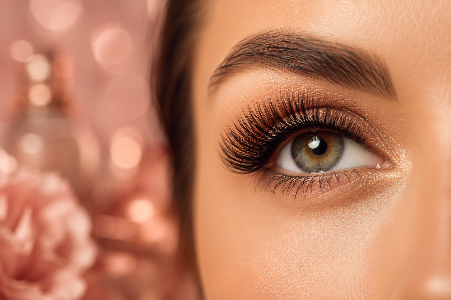 Professional () editorial hero image for a luxury beauty studio article about eyelash treatments. Close-up artistic shot of