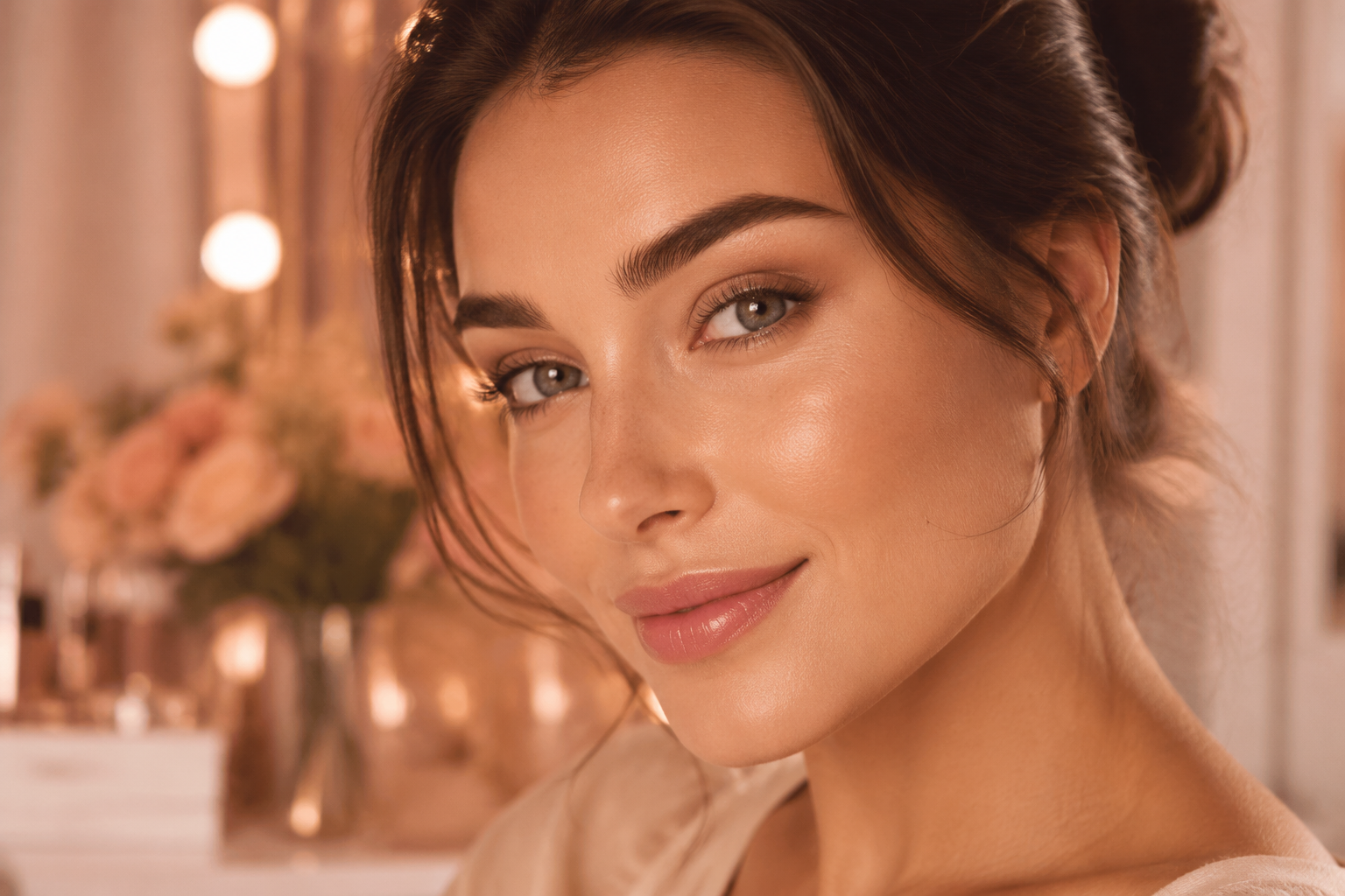 Professional () editorial hero image of a close-up beauty portrait showing a young woman with perfectly shaped, full natural