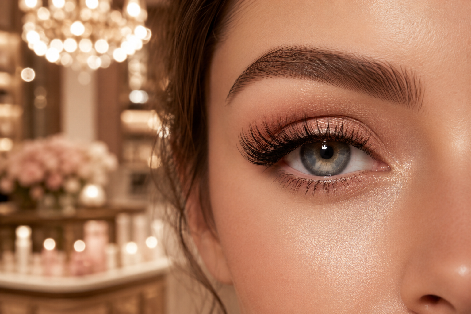 Professional () editorial hero image of a close-up female eye with beautifully applied lash extensions, soft rose-gold and