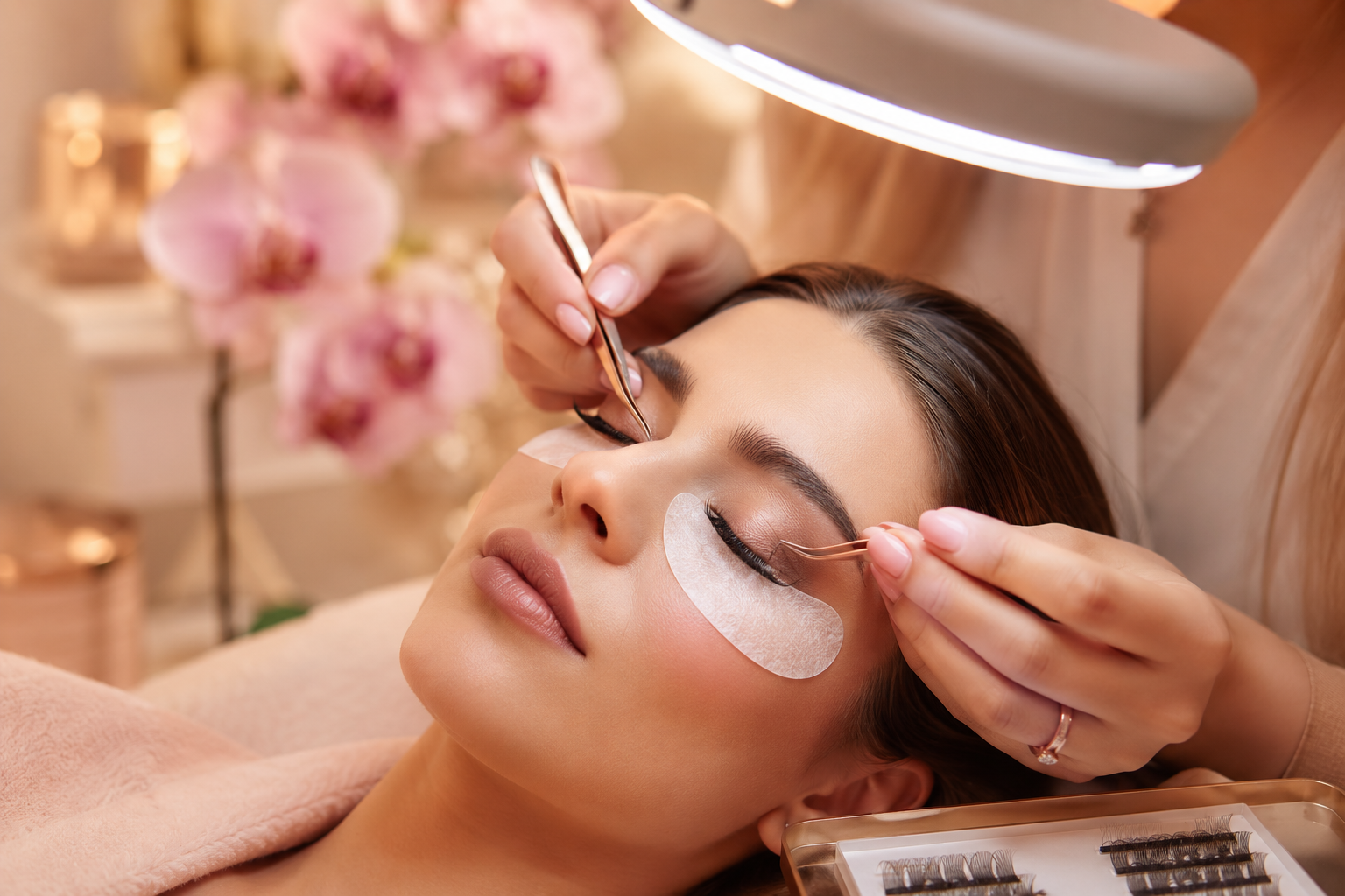 Professional () editorial hero image of a serene beauty studio interior near Sooß, Lower Austria. Close-up of a young woman
