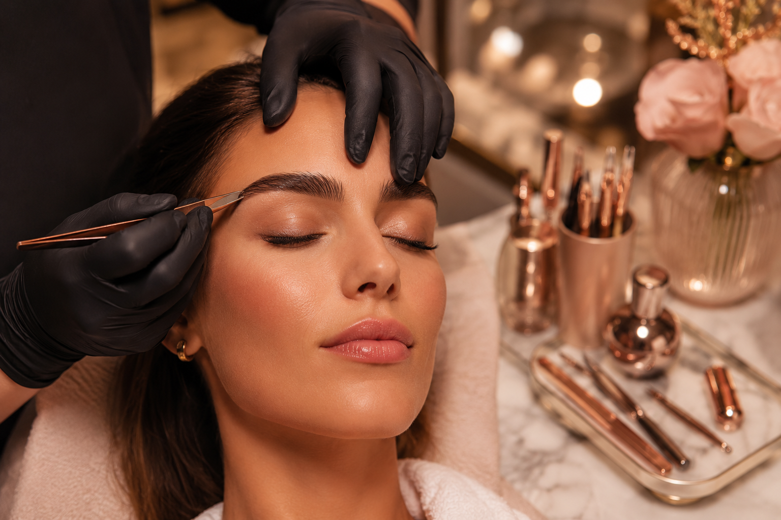 Professional () editorial hero image showing a close-up beauty studio scene: a woman with perfectly groomed, naturally full
